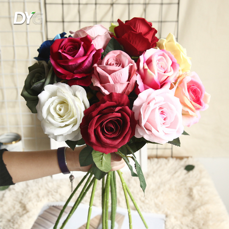 Artificial Red Flowers Pearl Flannel Silk Roses Faux Bridal Wedding Bouquet